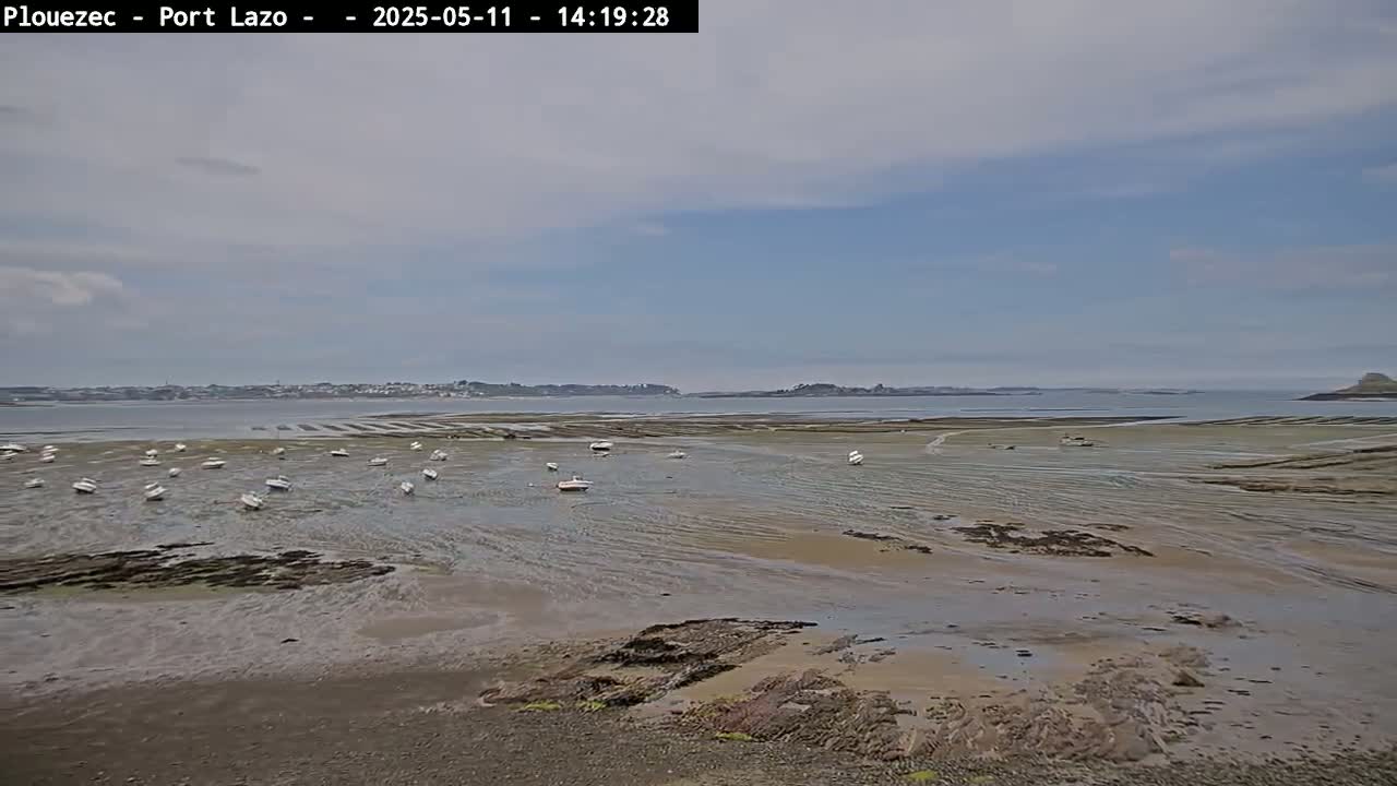 Under a partly cloudy sky, numerous small boats sit in shallow, muddy water at low tide, with land and a body of water visible in the distance.