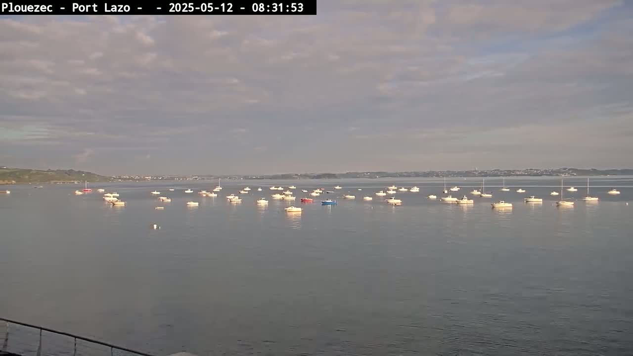 A calm body of water with numerous small boats at anchor under a mostly cloudy sky.