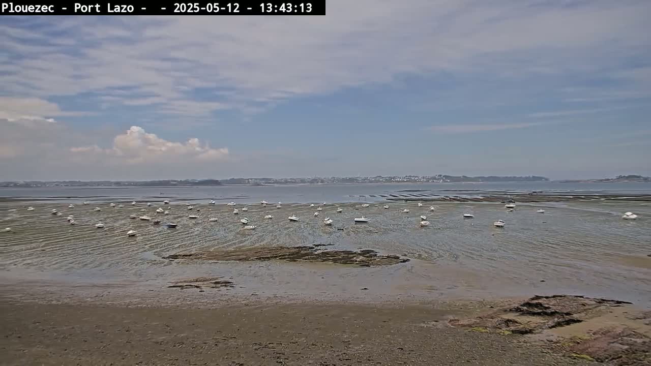 Numerous small white boats are beached on a wide, shallow, sandy shore under a partly cloudy sky.