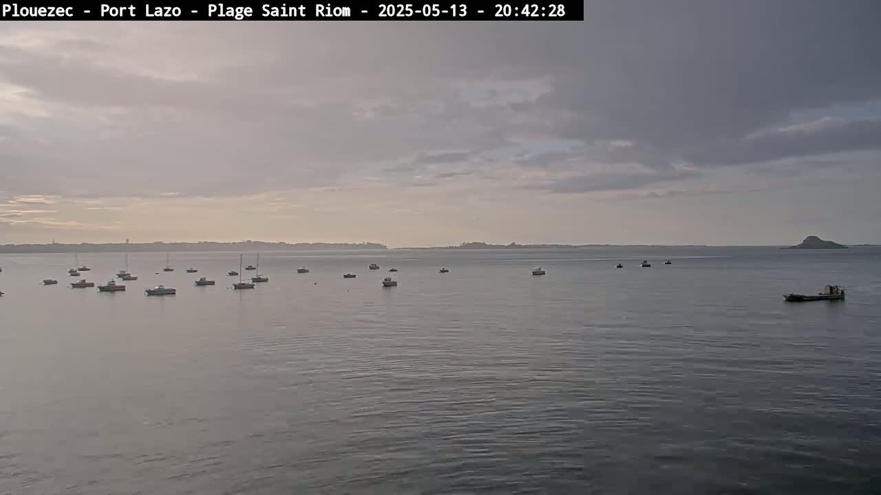 Numerous small boats are moored in calm water under a cloudy sky, with a distant landmass visible on the horizon.