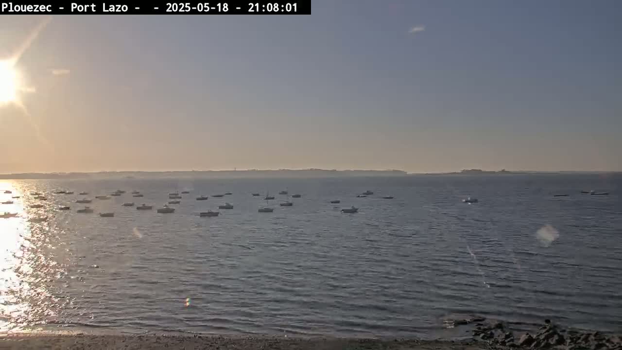 Many small boats are moored in calm water under a clear, sunset sky.