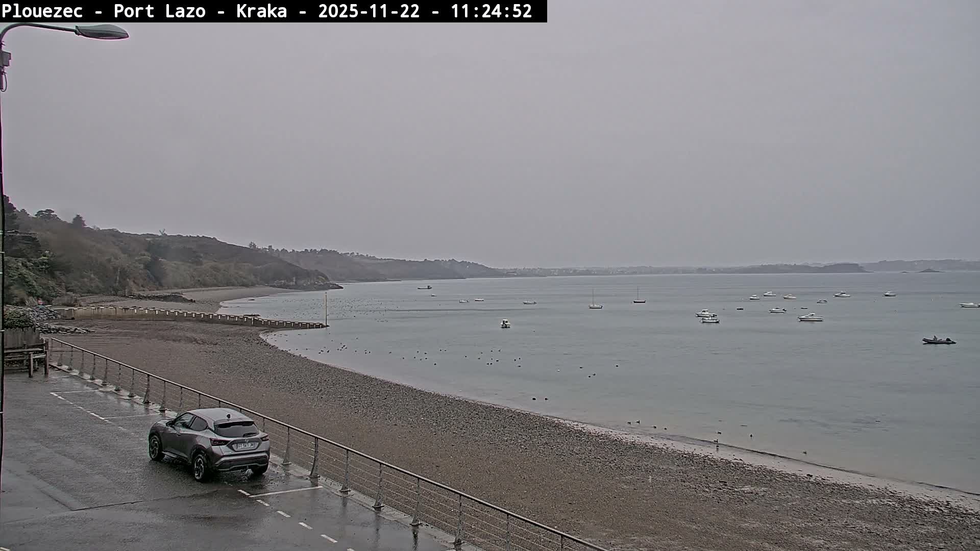 A grey SUV is parked on a wet paved area next to a gravel beach, overlooking a calm bay filled with numerous boats under a heavily overcast, grey sky.
