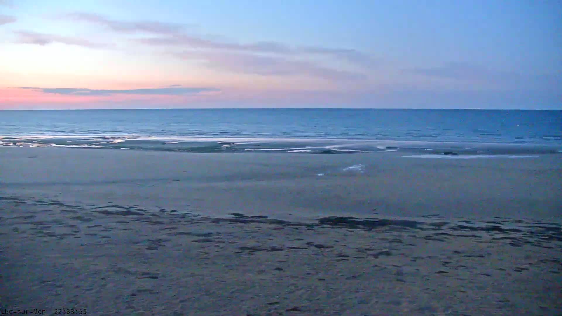 A sandy beach stretches to a calm ocean under a twilight sky with pale pink and blue clouds.