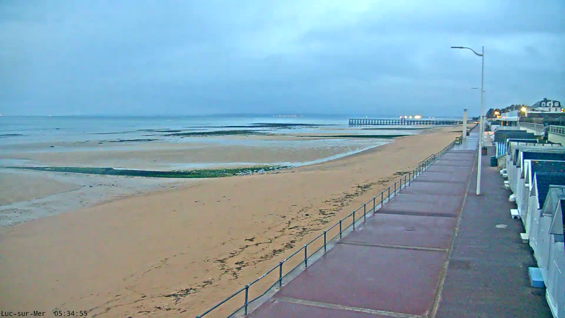 A sandy beach with a boardwalk and beach huts stretches along a calm, overcast ocean.