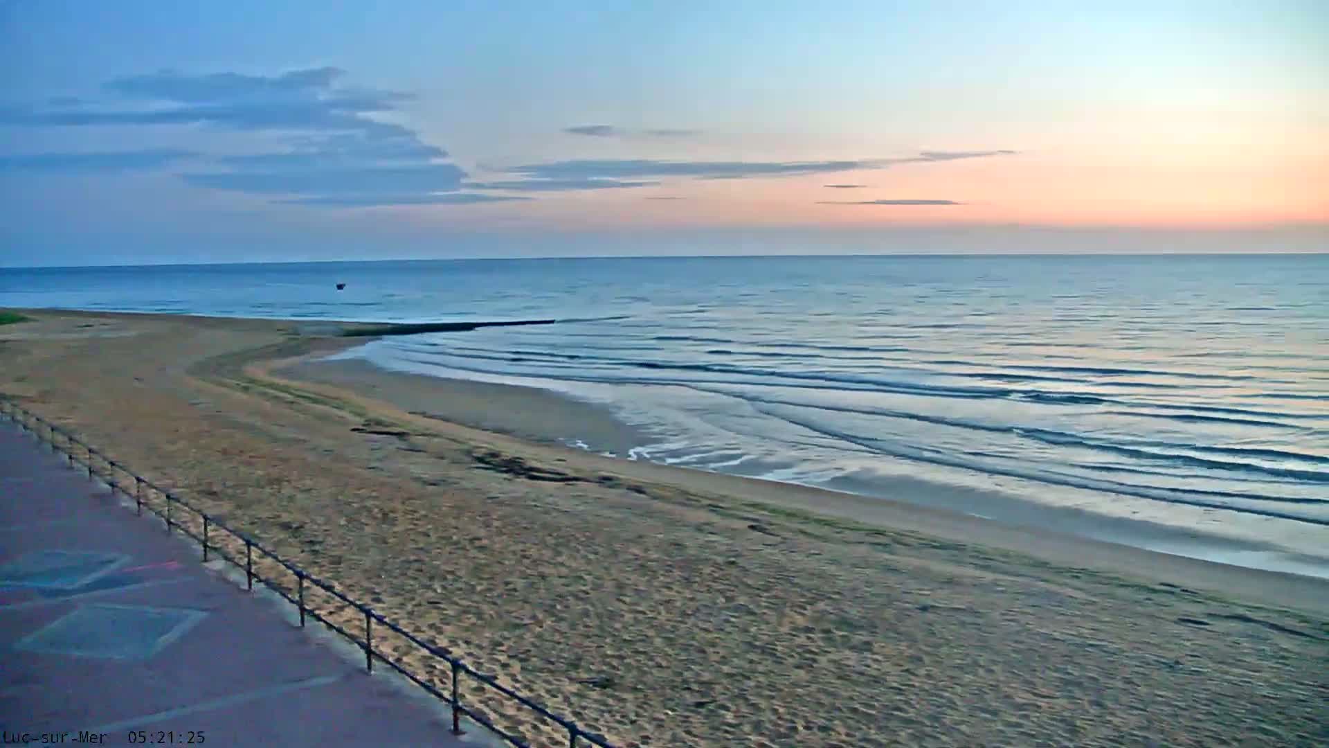 A sandy beach slopes gently down to a calm ocean under a pale sunrise sky.