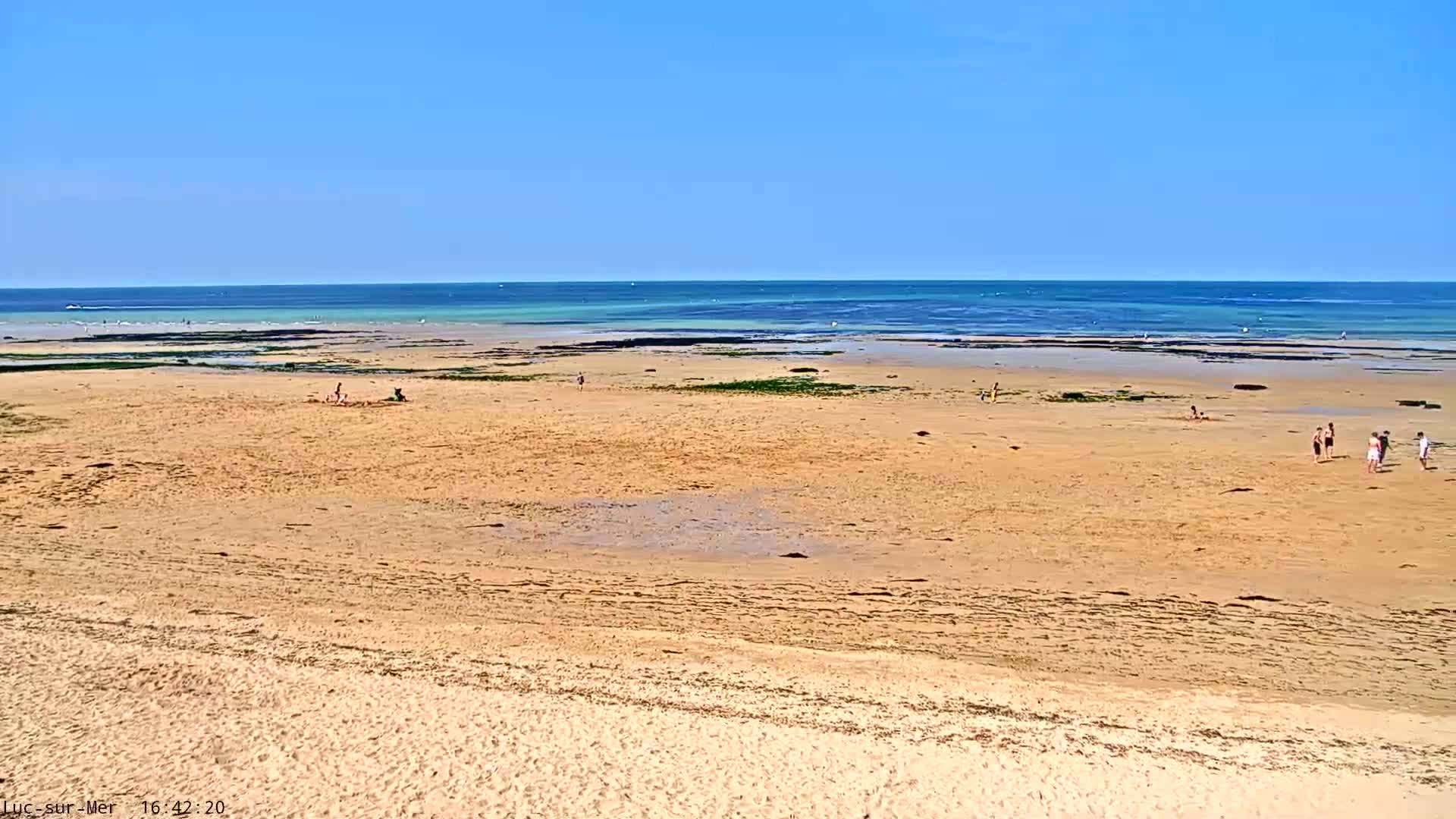 A sandy beach stretches out to a calm, blue ocean under a clear, sunny sky, with a few people scattered across the sand.