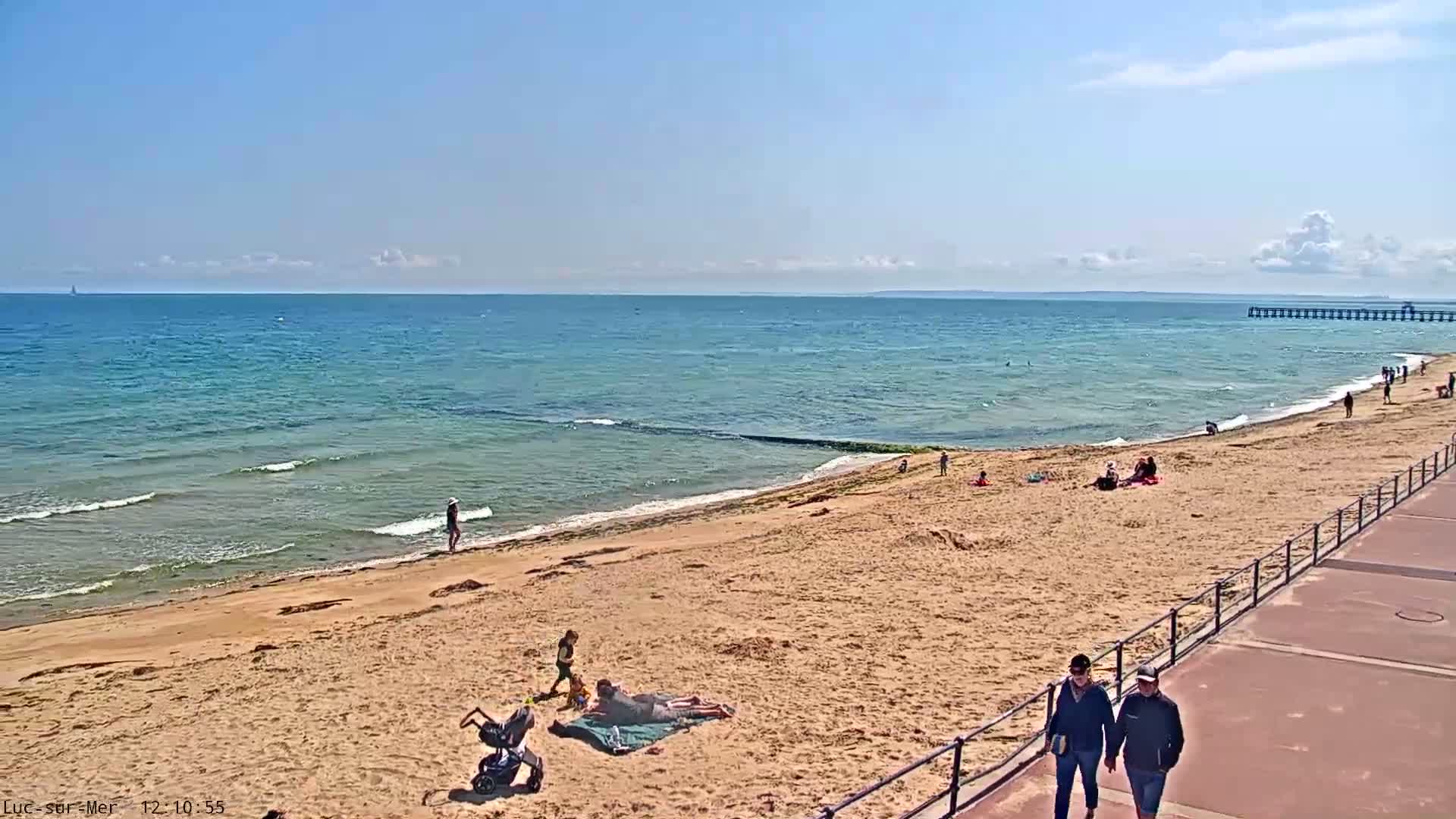 A sandy beach with a few people sunbathing and walking, a pier in the distance, and a calm, blue ocean under a clear sky.