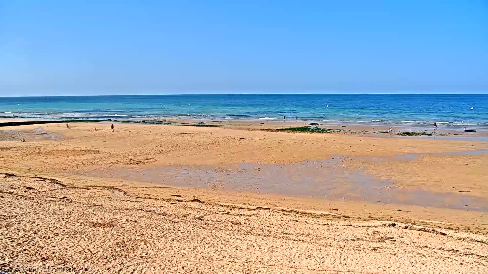 A wide sandy beach slopes down to a calm, blue ocean under a clear blue sky.