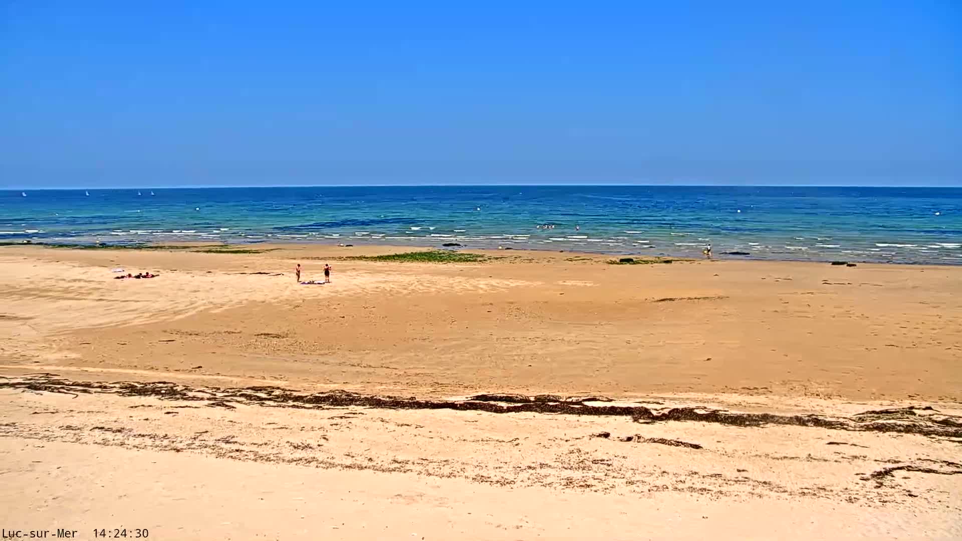 A sandy beach with a few people on it stretches to a calm, blue ocean under a clear, sunny sky.