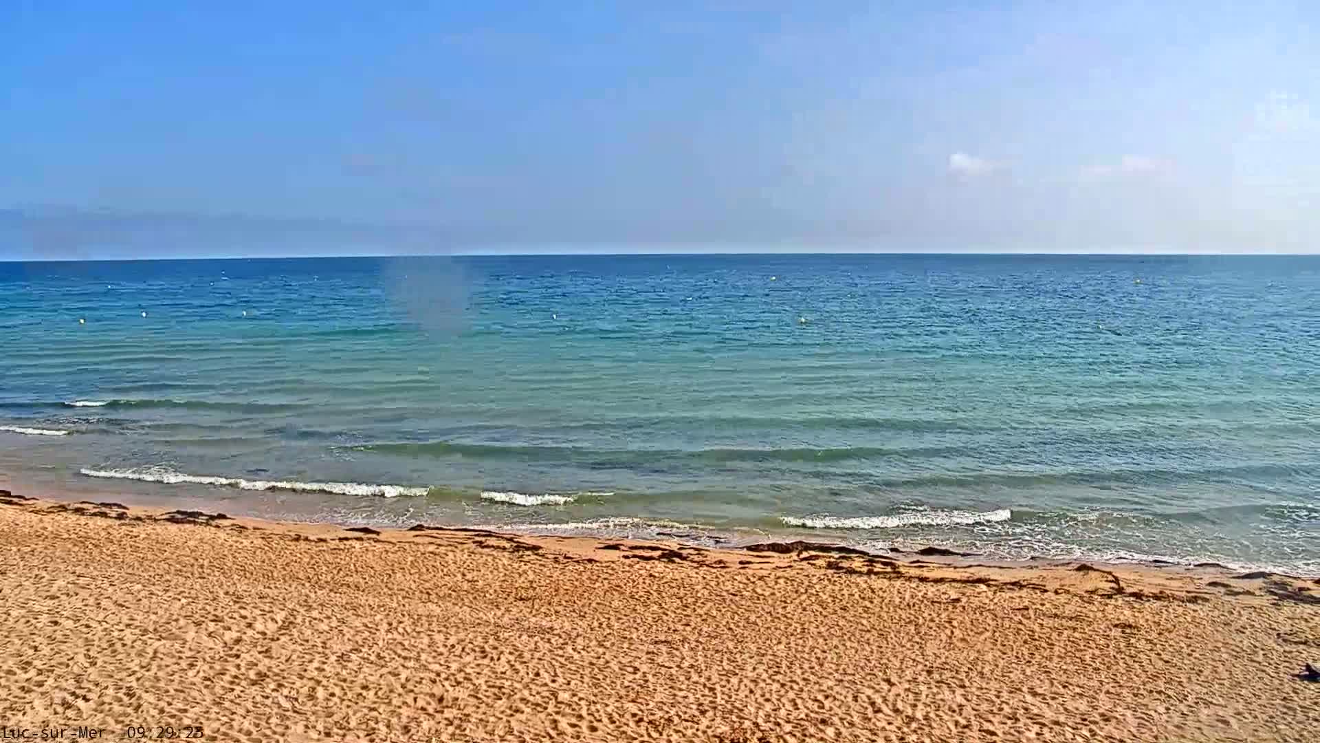 A sandy beach meets a calm, teal ocean under a clear blue sky.