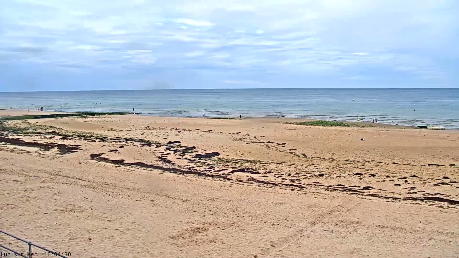 A sandy beach with dark seaweed streaks stretches toward a calm, light-blue ocean under a mostly cloudy sky.