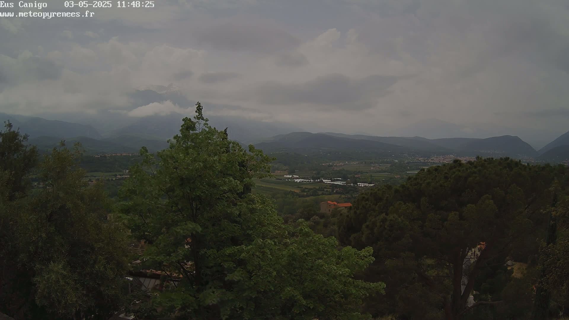 A view of a valley with mountains in the background under an overcast sky, partially obscured by leafy trees in the foreground.