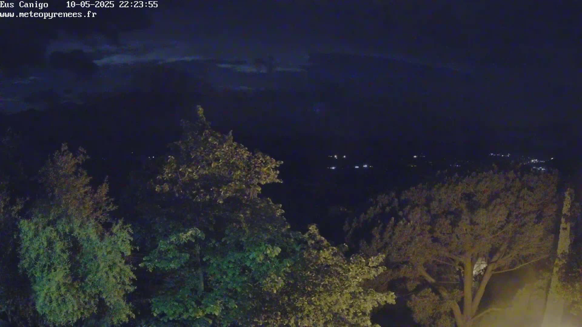 A nighttime view of distant lights in a valley below a hilltop covered in dark green trees under a mostly clear, dark sky.
