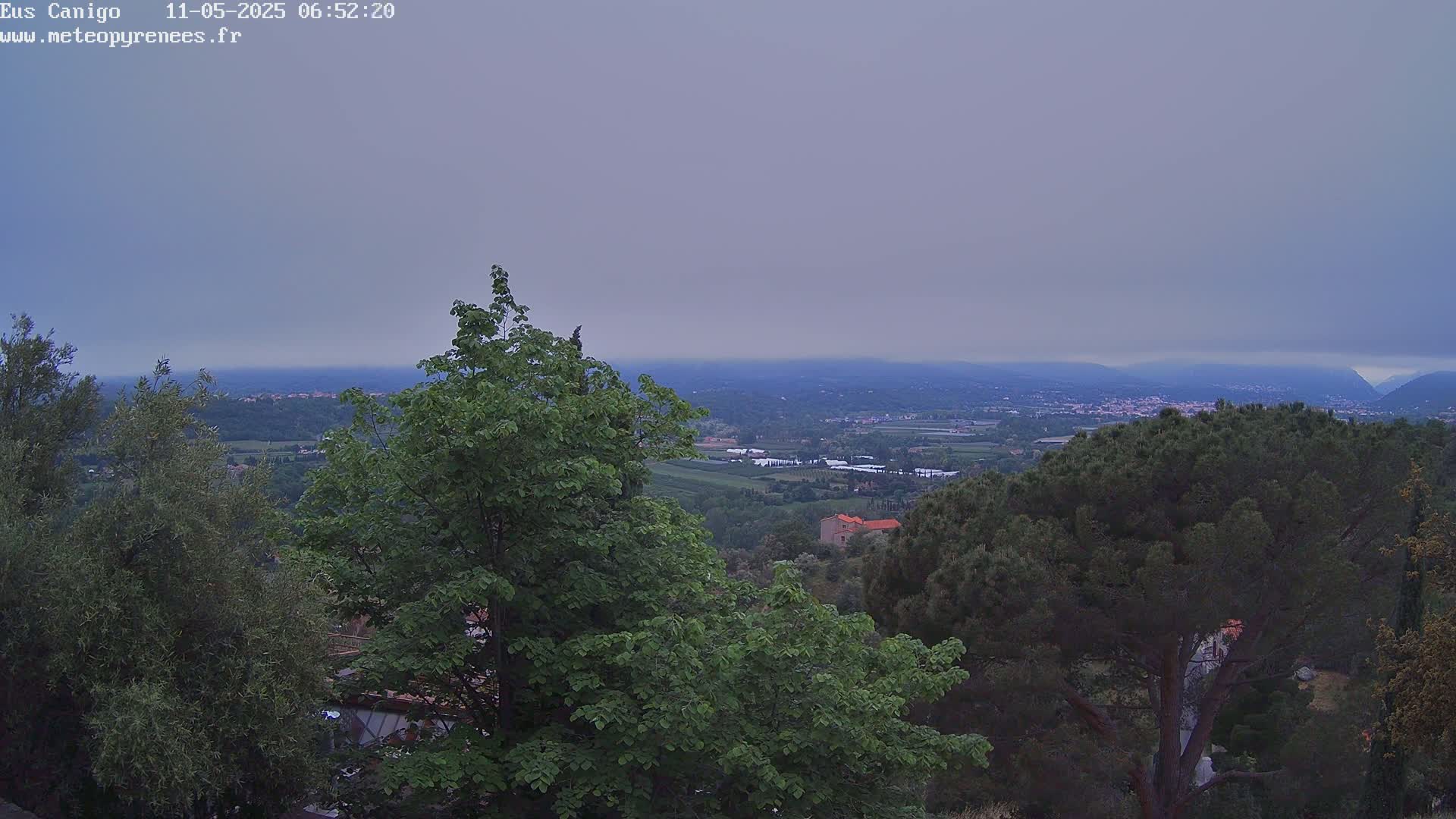 A hazy, overcast view from a hilltop shows a sprawling valley of green fields and distant villages, framed by lush green and dark pine trees.
