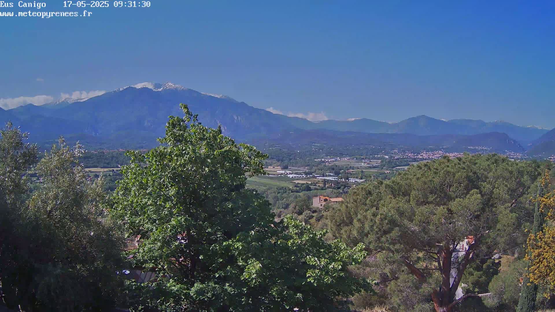 A partly sunny view of a valley with green trees and a snow-capped mountain range in the distance.