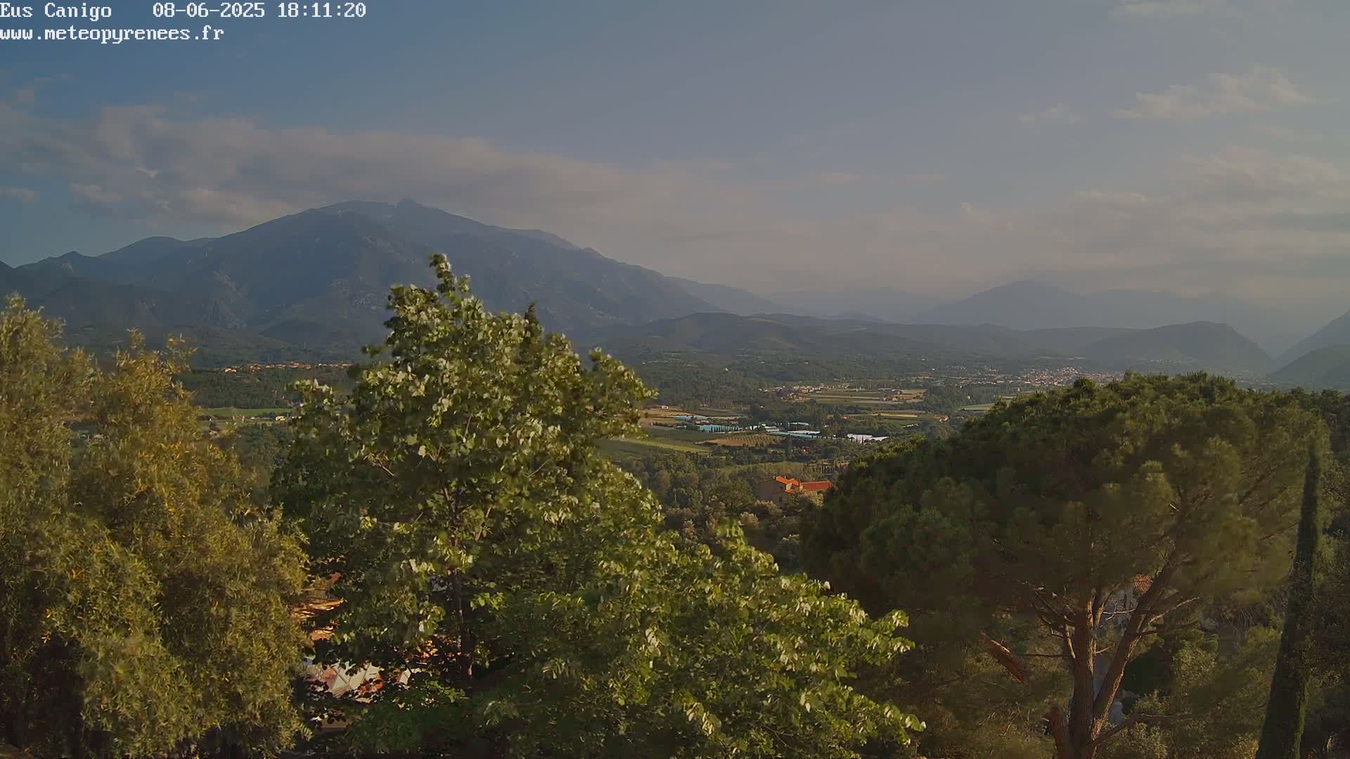 A mountain range is visible in the distance under a mostly clear sky, partially obscured by lush green trees in the foreground.