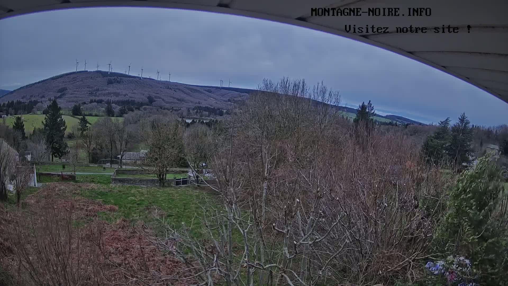 A view from under an overhang shows a cloudy day with wind turbines atop a distant hill, overlooking a valley of bare trees and a grassy field.