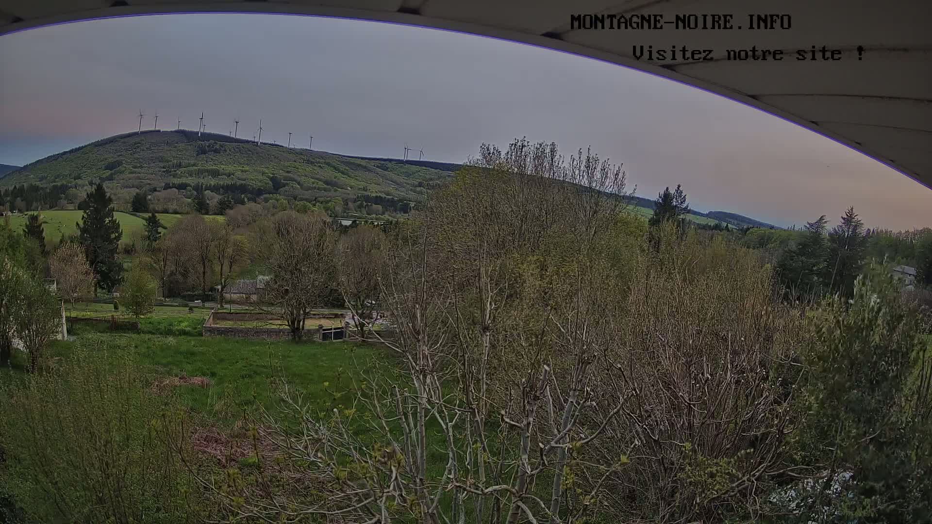 A view from under an awning shows a verdant valley with leafless trees in the foreground and a hill with wind turbines in the background under a cloudy sky.