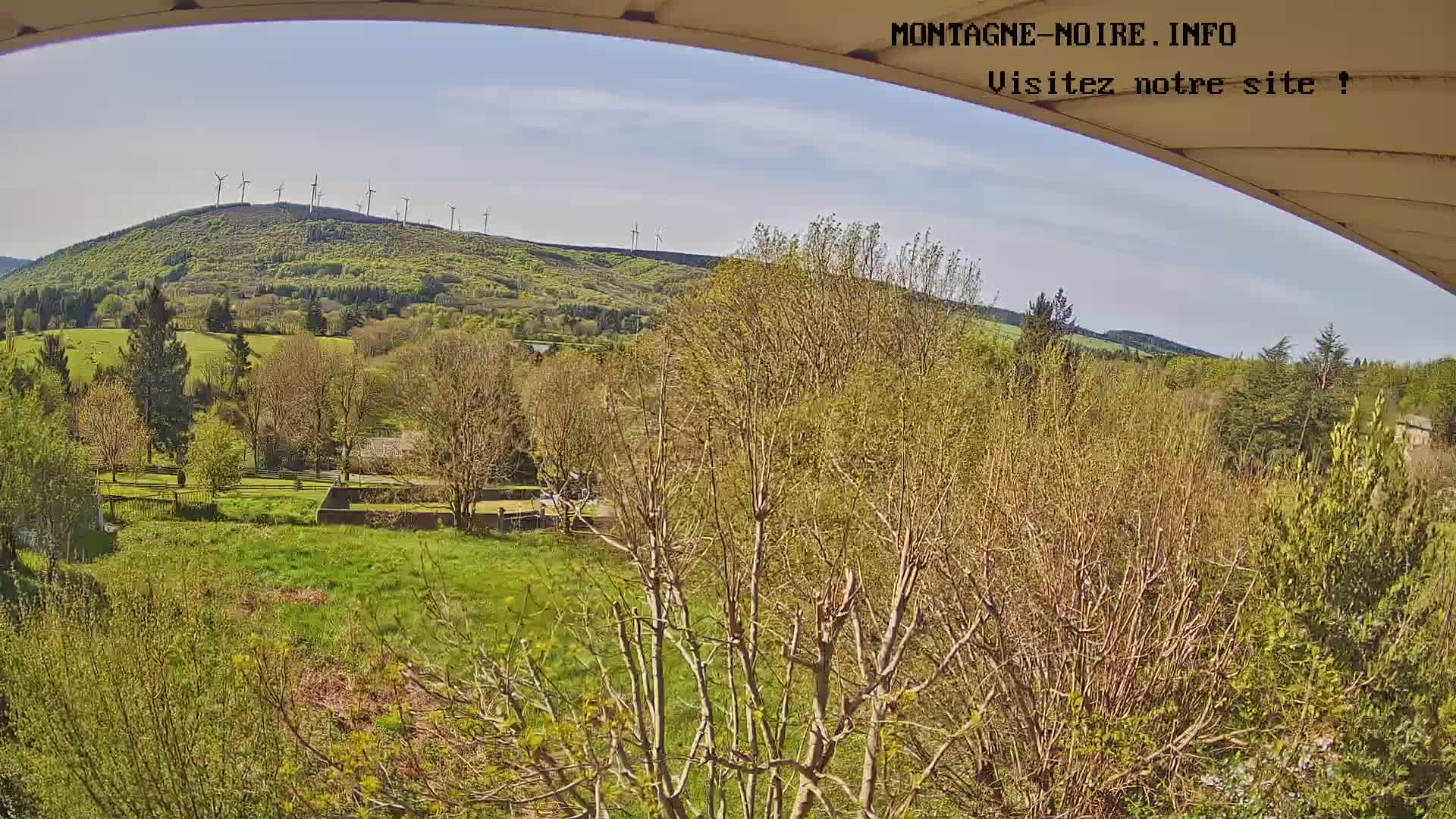 A sunny view from a high vantage point shows a verdant valley with leafing trees and a distant hill dotted with wind turbines.