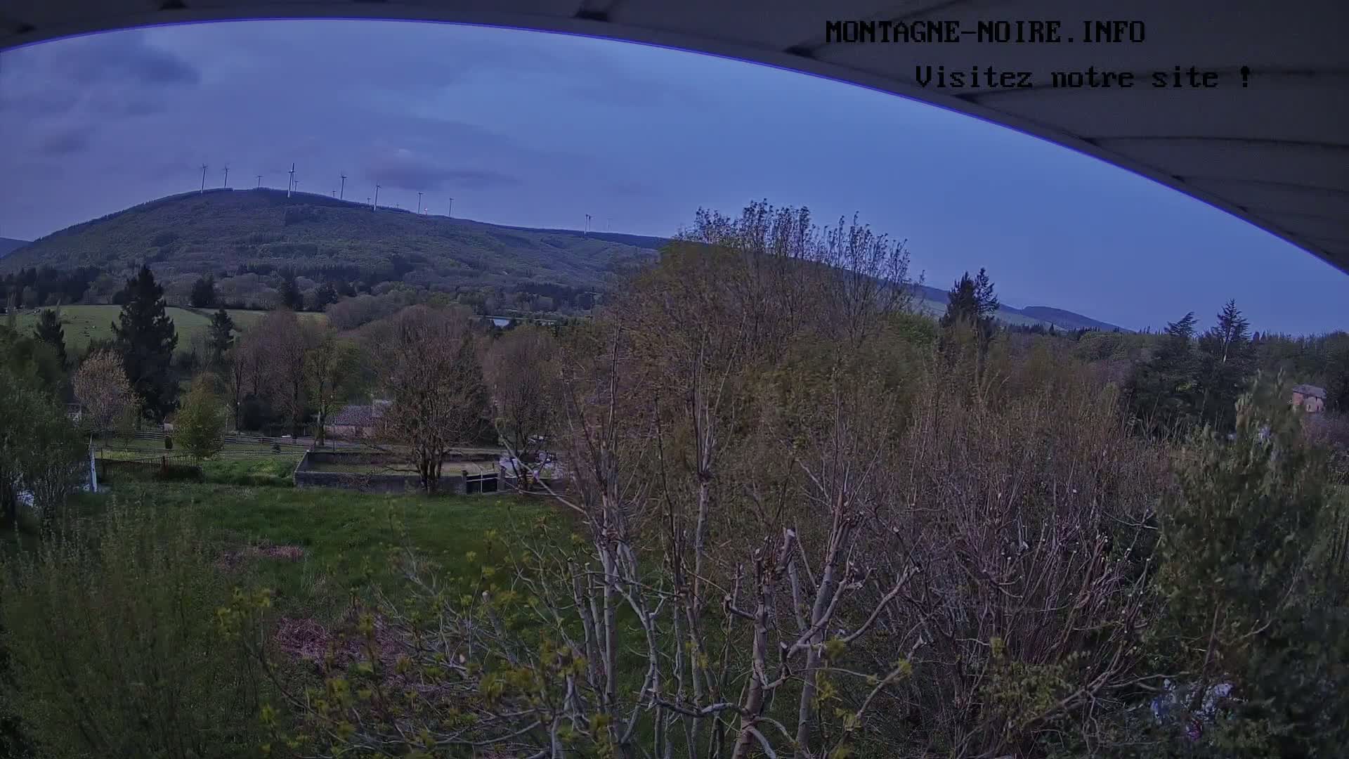 A view from under an awning shows a verdant hillside with wind turbines under a twilight sky.