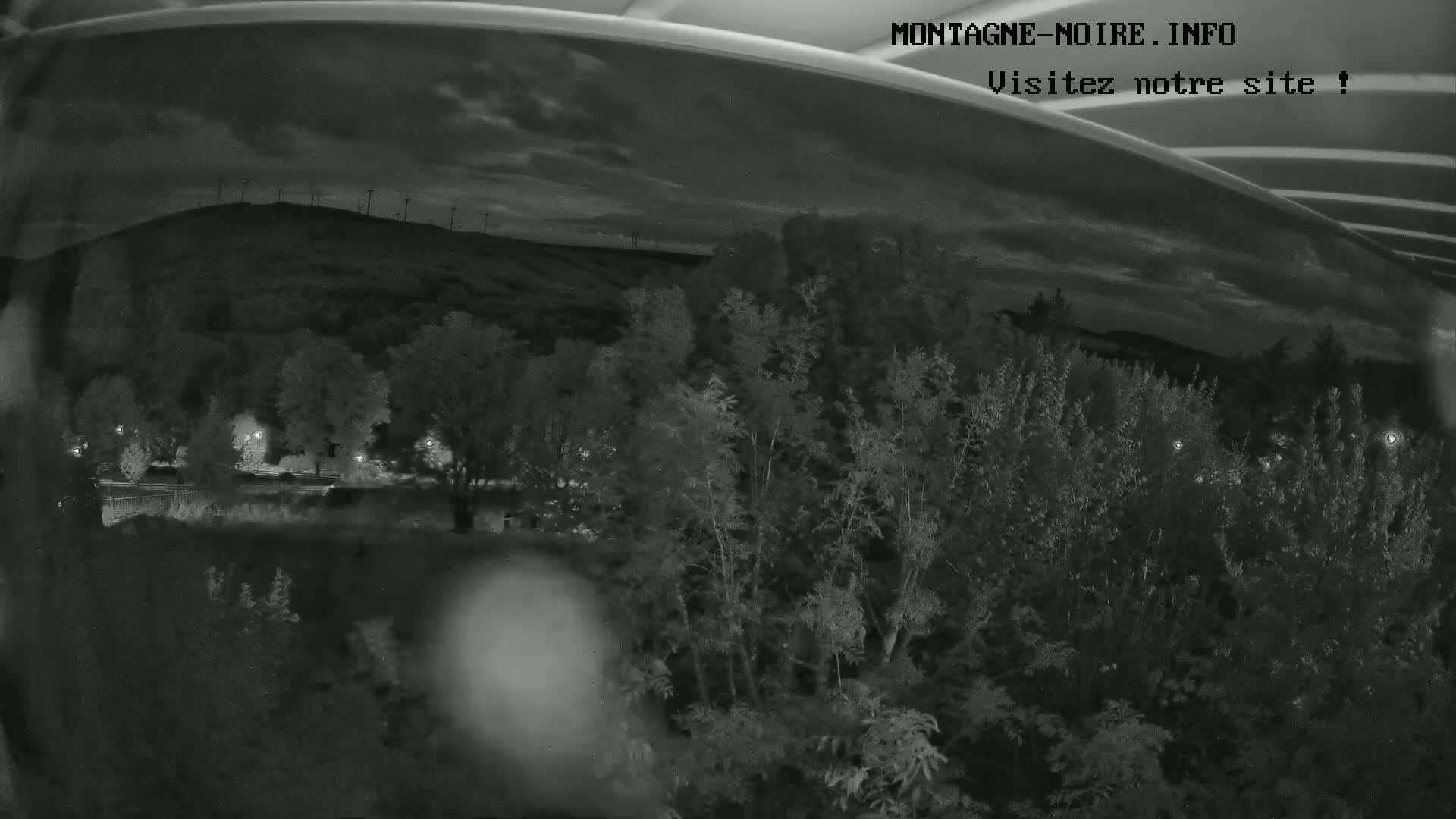 A nighttime view of a hill with wind turbines in the distance, seen through a curved surface, with a foreground of dark trees and shrubs under a cloudy sky.