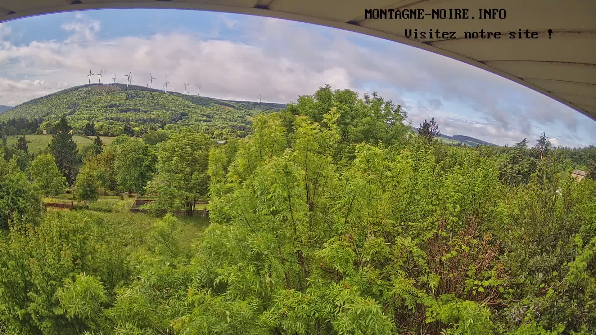 A partly cloudy sky overlooks a lush green landscape with several wind turbines on a distant hill.