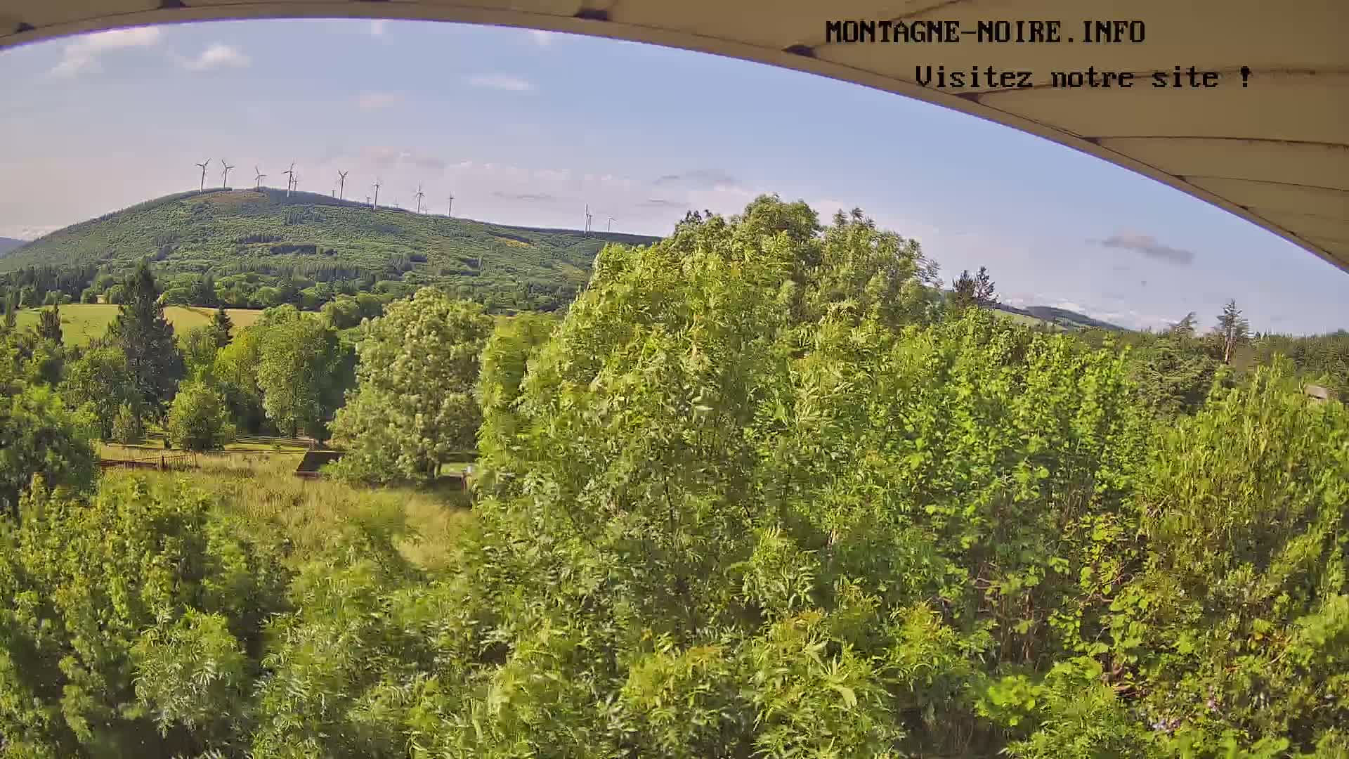 A mostly sunny view from an elevated position shows a lush green landscape with a hill topped with wind turbines in the distance.