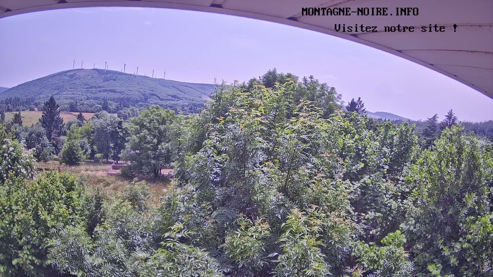 A partly sunny view from an elevated position shows a lush green landscape with a hill topped with wind turbines in the distance.