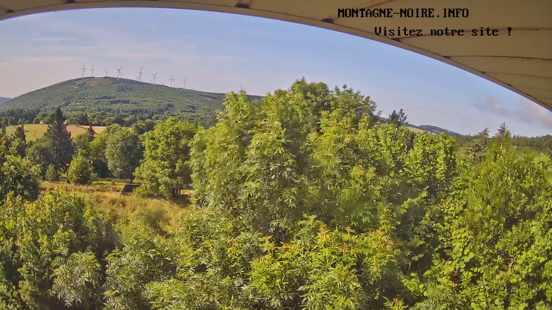 A view from under a curved structure shows lush green trees and fields, with a hill topped by wind turbines in the distance under a mostly clear sky.