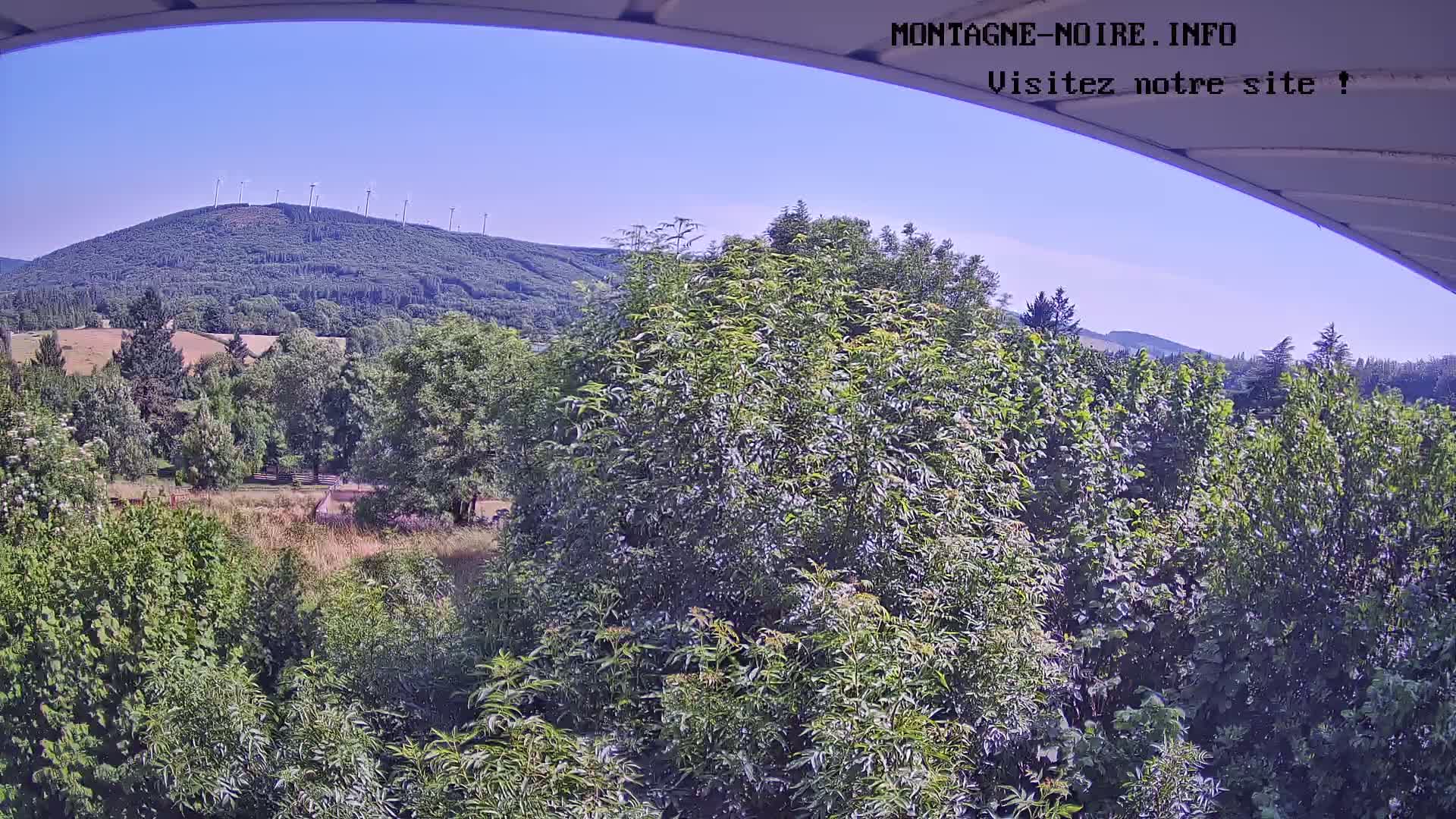 A view from under a canopy shows a lush green landscape, including a wooded hilltop with wind turbines in the distance, under a clear blue sky.