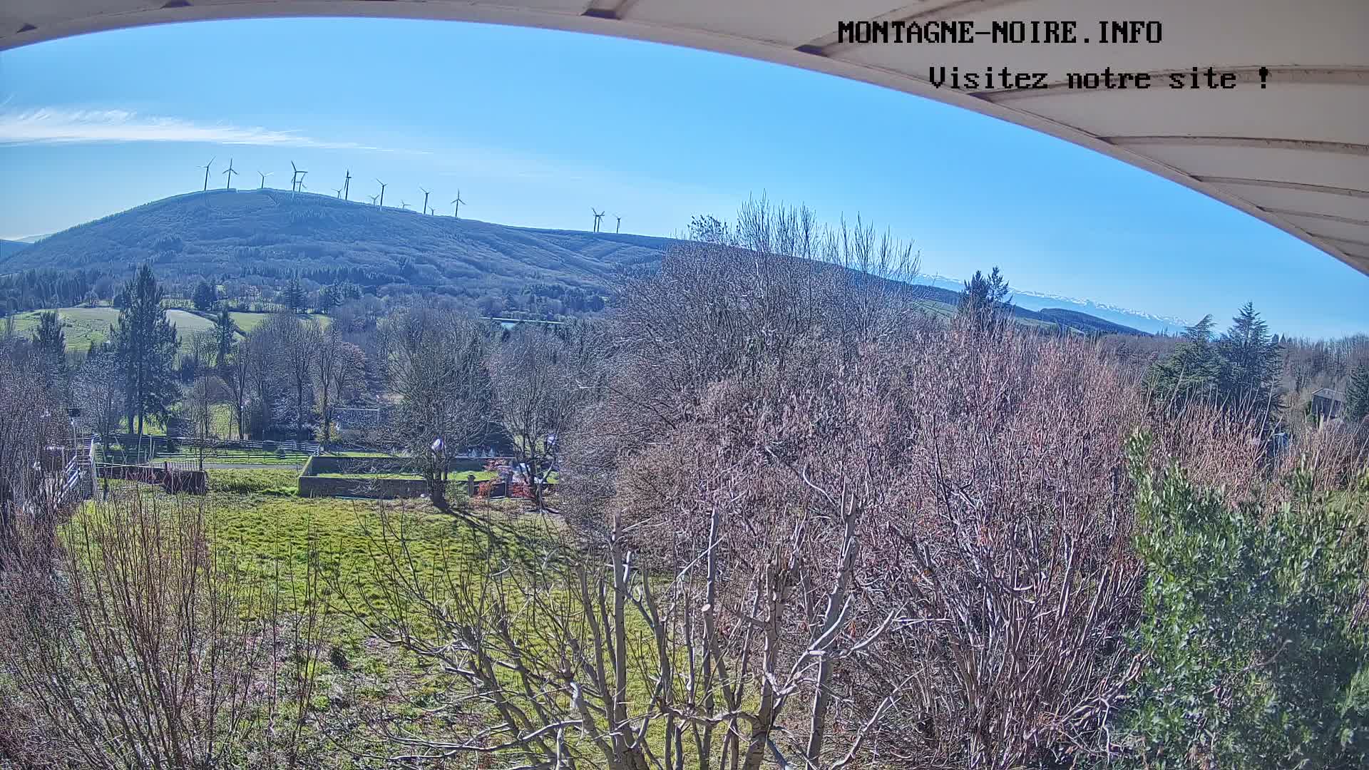 A rural landscape is seen on a clear, sunny day, featuring bare trees and green fields in the foreground, leading to a forested mountain ridge topped with wind turbines, and faint snow-capped peaks in the far distance under a bright blue sky, indicative of late winter or early spring.